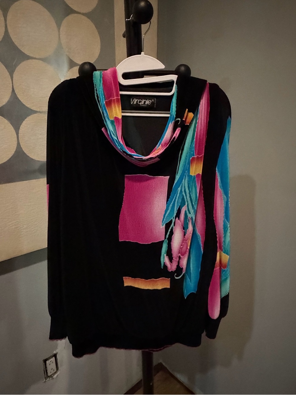 Vintage Pleated Black Cowl Neck Top with Pink & Teal Accents